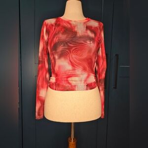 SHEIN Red and White Swirl Long Sleeve Blouse
